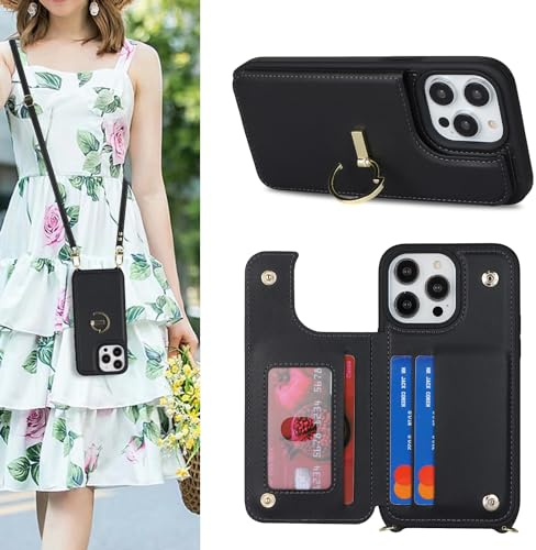 SailorTech iPhone 13 Pro Case with Credit Card Holder, Leather Case Ring Stand with Kickstand, Strap Card Slots Wallet Crossbody - Black