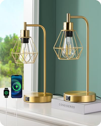 EDISHINE Tischlampe Touch Dimmbar 2er Set, Nachttischlampe mit USB A+C Ladeanschlüssen, Metallgitter-Lampenschirm, E27 Industrial Schreibtischlampe für Wohnzimmer, Büro, inkl. LED-Birne, 40cm, Gold