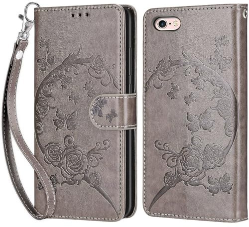 Handyhülle für iPhone 6 / iPhone 6s Hülle, iPhone 6 Hülle, Premium Leder Flip Klappbare Stoßfeste Magnetische [Standfunktion] [Kartenfächern] Schutzhülle Tasche - Grau Blumen
