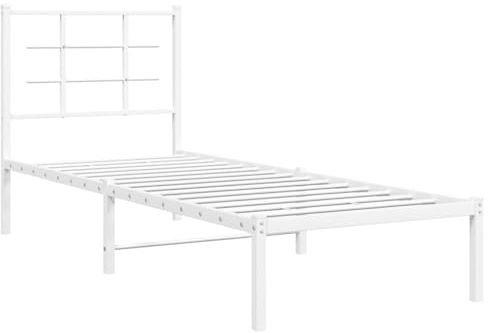 vidaXL Bettgestell mit Kopfteil Metall, Bett mit viel Stauraum, Bettrahmen mit Lattenrost Metallbeinen, Metallbett Gästebett Einzelbett, Weiß 75x190cm