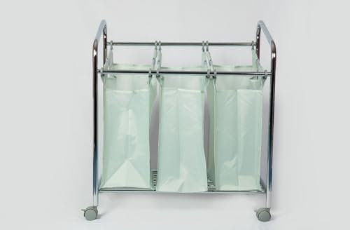 Top Home Solutions® Laundry Trolley On Wheels – Laundry Basket 3 Compartments, Removable Bags, Steel Frame Shelf, Lockable Wheels For Laundry Room, Bathroom, Bedroom