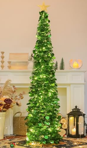 SINTENILL Árbol de Navidad desplegable de 6 pies con 100 luces LED de temporizador, árbol de Navidad de oropel verde, árbol de Navidad artificial plegable, árbol de Navidad, árbol de Navidad para