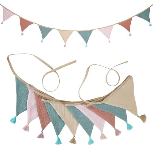 Banderines Decorativos, 2.6 M Banderines Tela, Muselina de Algodón, Decoración de Habitaciones Infantiles, Banderitas Decorativas Ideal para Decorar la Cuna de los Niñas