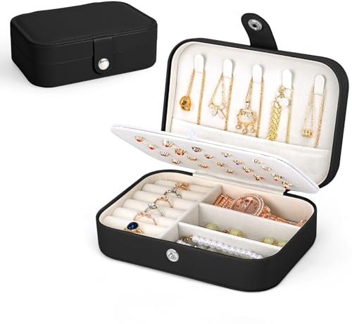 Uoxira Schmuckkästchen Reise Schmuckaufbewahrung Klein für Damen Mädchen Leder Schmuckkasten Schmuckschatulle Tragbarer Schmuckbox für Halsketten Ohrringe Ringe Armbänder, Schwarz