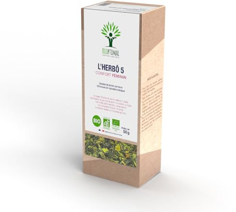 BIOPTIMAL - Infusion Bio L'Herbô 5 - Confort Féminin - Tisane de Sauge, Vigne rouge, Alchemille, Cassis, Mélisse et Ortie - Complexe de Plantes pour Le Cycle Menstruel - Fabriqué en France - 50g
