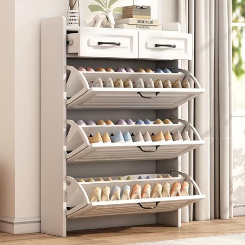 Merax Schuhschrank weiß, Schuhkipper Schmal, Holzwerkstoff Schuhschrank aus Rattan, Schuhregal mit 3 Klappenschubladen, B80/T23.5/H120 cm