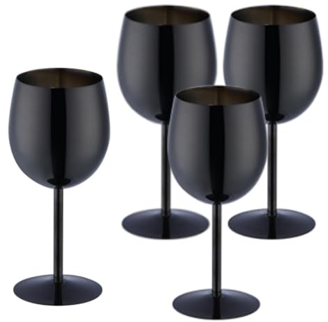 TEAHAHA Stainless Steel Wine Glasses Set of 4,350ml Fancy Unique Unbreakable Goblet Glass Set White Red Wine Stemmed Cocktail Glasses Metal Drink Champagne Goblet Party Wedding (Black)