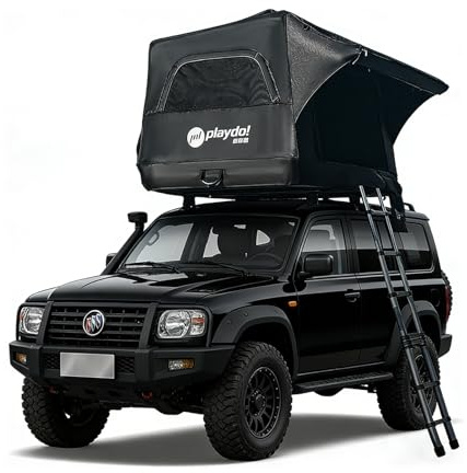 PlayDo Inflatable Rooftop Tent Easy Setup Camping Tent for The Roof of Sedans Pickup Blow Up Roof Top Tents SUV Truck Van Glampingtent with Porch, Strip Light for 2-3 Person