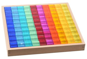 Babylon Lux Regenbogen Acryl Bausteine Set, 100 Stück, Mehrfarbig Transparent, 2,5 x 2,5 x 2,5 cm Würfel mit Holzrahmen 27 x 27 x 3 cm, Stapelspielzeug ab 3 Jahren
