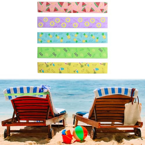 teashow 5Pcs Beach Towel Bands for Sun Loungers,Elastic Cruise Chair Towel Bands Sunbed Straps Holders Windproof Sun Bed Towels Holder Accessories for Summer Beach Towels,Pool(5 Styles,30x5cm)