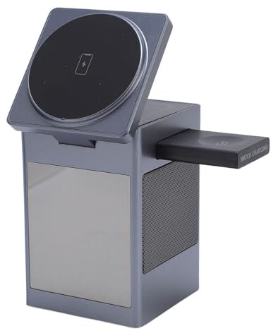 Bluetooth Enceinte 3 en 1 Station de Charge sans Fil Cube de Support de Chargeur Magnétique avec Réveil, Affichage de Pixels, Chargeur sans Fil Multifonctionnel pour Bureau de