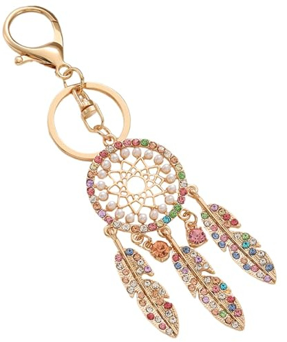 Bkljkf Federschlüsselring, Dream Catcher Keychains, Dream Catcher Car Schlüsselhalter mit Strasssteinen, Modefeder Charme, Glücksornament für Frauen und Mädchen