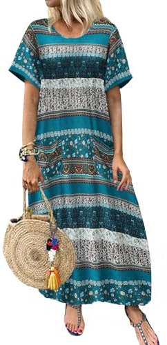ZANZEA Maxi Dresses for Women Short Sleeve Crew Neck Floral Summer Casual Dresses A Line Loose Oversized Boho Dress with Pockets Floral Print Green XXL