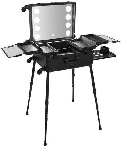 Makeup-Zug-Koffer mit LED-Licht, mobiler Schminktisch mit Spiegel, 8 LEDs, höhenverstellbare Beine (39-85 cm), 4 Fächer, Steckdose, Universalräder, ideal für Visagisten & Reisen