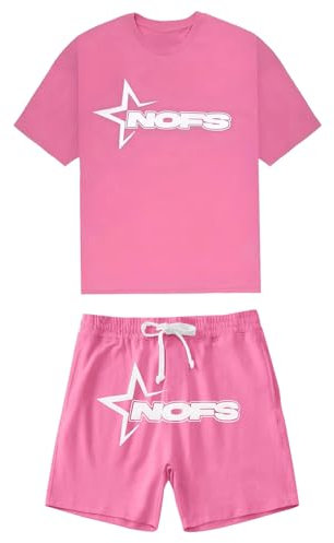 Y2K Survêtement 2 pièces pour homme 2025 NOFS Survêtement avec haut à manches courtes et short d'été léger T-shirt + pantalon de sport NOFS Fashion Survêtement Streetwear Style, Rose, L