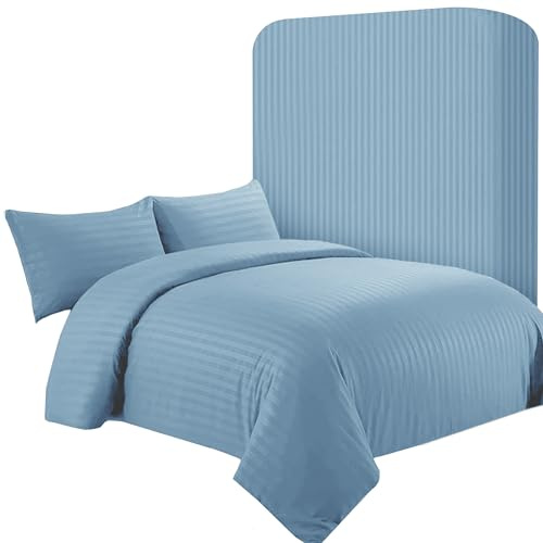 AR Ware Super King Satin Stripe Duvet Cover Set – 4 Pcs Light Blue Soft, Hotel-Style Bedding Set with 2 Pillowcases and 1 Fitted Sheet
