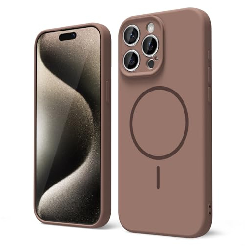 oakxco for iPhone 15 Pro Max Case Silicone Mag Safe, Magnetic Slim Thin Phone Case Compatible with Magsafe, Women Girls Cute Girly Aesthetic Soft Rubber Gel Safecase with Camera Cover, Brown