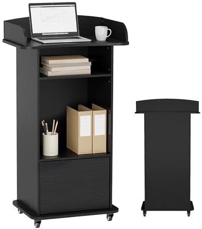 SOCOMFAY Holz Rednerpult mit Rollen, Schwarz | Laptoptisch Funktion, 3 Ablageflächen, Für Kirchen, Vorträge, Schulen und Seminare, Stehpult