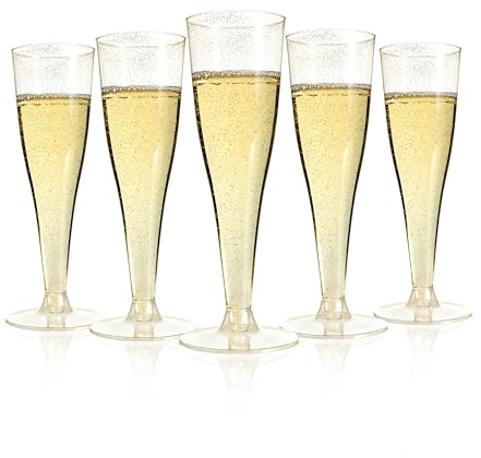 Goodluck 50 Pack Gold Glitter Plastic Champagne Flutes,130ml/4.5oz Reusable Plastic Prosecco Glasses, Champagne Glasses for Weddings, Birthdays, Christmas, BBQ, Garden Parties