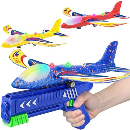 Winstico Geschenk Spielzeug Flugzeug für 5 6 Jahre Kinder: Styroporflieger mit Katapultpistole – Outdoor Kinderspielzeug – Wurfgleiter für Jungen Mädchen ab 3 4 5 6 7 8