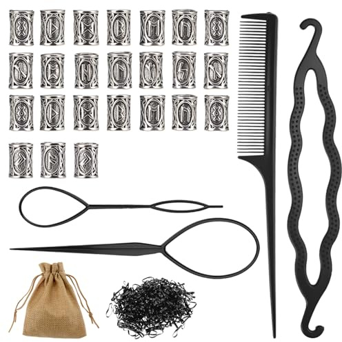 QWORK® Viking Runes Beard Beads for Men - 24 Piece Set with Dreadlock Beads, Rubber Bands, Hair Styling Tools & Pouch
