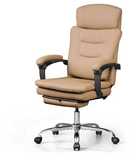 DEVAISE Chefsessel PU Leder, Bürostuhl Ergonomisch Breit mit Fußstütze, Wippfunktion und Winkelverriegelung, Maximaler Neigungswinkel 145° & Höhenverstellbar, Liegestuhl für Büro & Zuhause,Braun