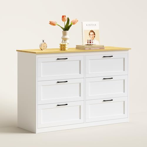 ROCSUMOO Kommode mit 6 Schubladen fürs Schlafzimmer-Weiße Holzkommode mit breitem Metallgriff, hohem Seitenspeicherschrank und Anti-Kipp-Gerät (110Bx40Tx75H cm)