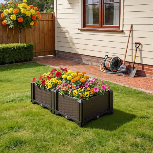 Warmiehomy Raised Garden Bed, 60x30x20cm, Set of 2 Outdoor Planter Box with Self-Watering Design, Plastic Plant Container for Growing Vegetables and Flowers, Brown