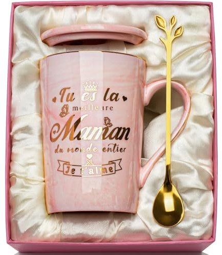 WXYTXHYQ Cadeau Fete des Meres Maman Mug, Cadeau Anniversaire Maman, Fête des Mères Mama-n Tasse 400ml, Céramique Marbrée Cadeau pour Mama-n, vec Cuillère, Carte de Vœux, Boîte Cadea-u Exquise