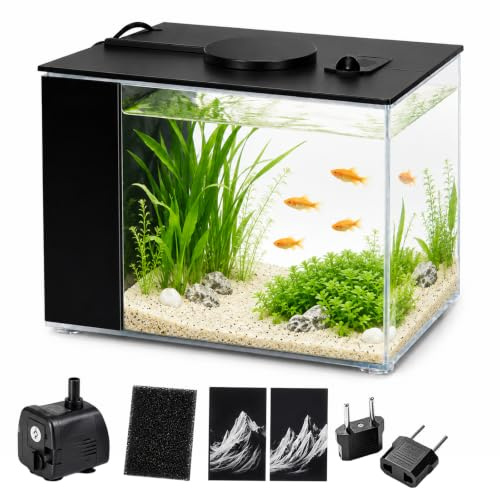 Nano Aquarium Komplettset 3,7l, Aquarium Set Komplett, Intelligentes Aquarium Klein, Mit Verstellbare Wasserpumpe, Filterschwamm, USB-Stecker, Für Kleine Fische, Garnelen Und Pflanzen (Schwarz)