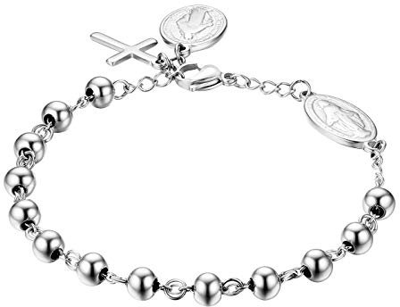 JewelryWe Rosenkranz Kreuz Armband Perlenarmband: Silber Edelstahl Jungfrau Maria Katholischen Heiligen Gottes Mutter Kreuz Anhänger Perlen Kugelkette Armreif Armkette Religiöse Schmuck Damen Herren