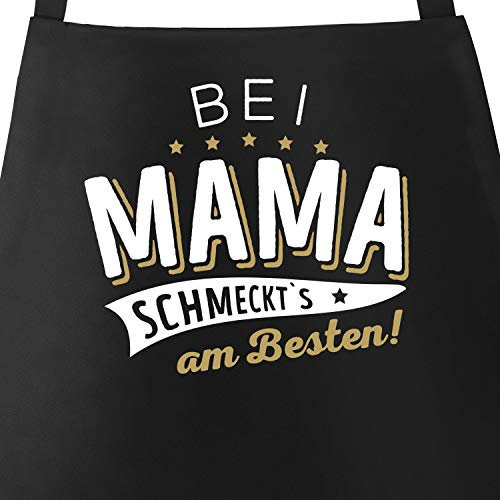 MoonWorks® Kochschürze Grill-Schürze für Männer und Frauen mit Spruch Bei Papa bzw Mama schmeckts am besten! Baumwoll-Schürze Küchenschürze schwarz unisize