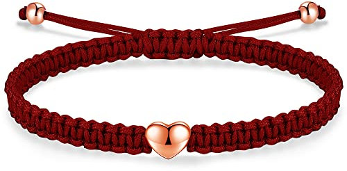 J.Endéar Pulsera Trenzada Hecha A Mano Corazón Plata 925 Pulsera de Cordón de filigrana para Mujeres Niñas Amor Amistad Regalo Ajustable 24cm, Rojo