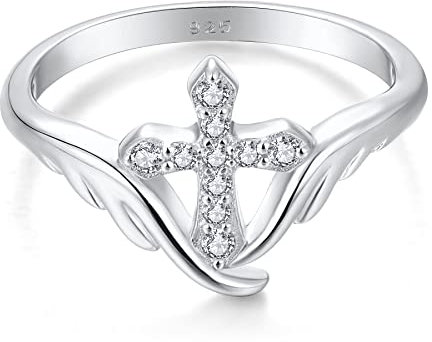 Starchenie Kreuz Ringe 925 Sterling Silber Zirkonia Engelsflügel Ring für Damen(Größe60)