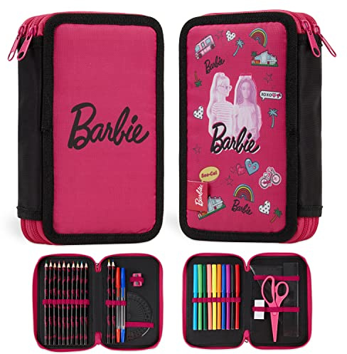 Barbie Girls' Primary Pencil Case Filled Double Compartment Girl's Pencil Case Felt Tip Pens for Children Girls Back to School Gift, Pink, Modern