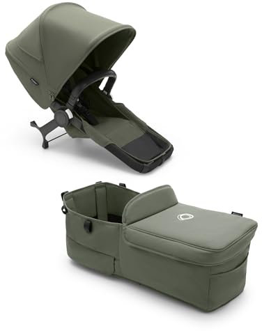 Bugaboo Donkey 5 Twin Erweiterungsset, verwandelt deinen Donkey 5 Mono in einen Zwillingskinderwagen,verbessertes Side By Side-Design, wendbarer Sitz und Ein-Hand-Steuerung, Forest Green