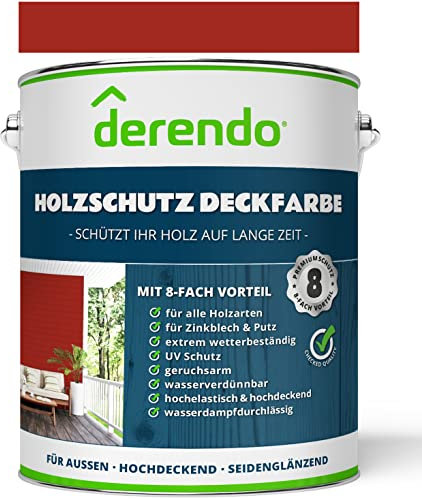 derendo Holzfarbe feuerrot außen wetterfest Wetterschutzfarbe Langzeitschutz 2,5L RAL 3000 seidenglänzend Holzlack rot Außenbereich Holzschutzlasur hohe Deckkraft