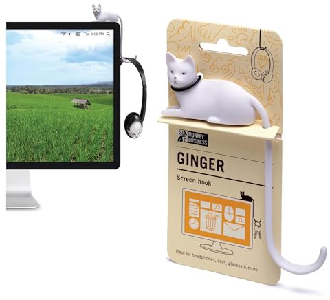 Monkey Business Ginger - Gancio decorativo a forma di coda di gatto, per schermo del computer, organizer per cuffie da scrivania, accessori per computer (bianco)