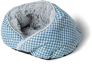 Mikki Dog, Cat, Puppy, Kitten, Ultra Soft Faux Fur Lined Domed Calm House Bed, with Head & Neck Support - Small blue/grey