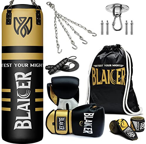 BLAICER Boxsack für Erwachsene, Ungefüllt, Ausgestattet mit Boxhandschuhen, Boxbandagen, Springseil, Drehkette, Boxsackhalter und Polyesterbeutel - Komplettes Boxset für Zuhause