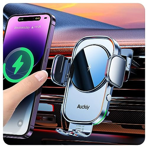Auckly Car Phone Holder Wireless Charger, 【Smart Sense】15W Fast Qi Wireless Car Charger Automatic Phone Suction Holder Dashboard Windshield Mount Compatible for iPhone 12/13/14 Pro Max Mini Plus -W