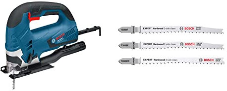 Bosch Professional Stichsäge, GST90BE/1 060158F060 + 3x Stichsägeblatt Set Expert ‘Hardwood 2-Side Clean‘ (für Küchenarbeits-, Kunststoffbeschichtete Platten, Länge 117 mm, Zubehör)
