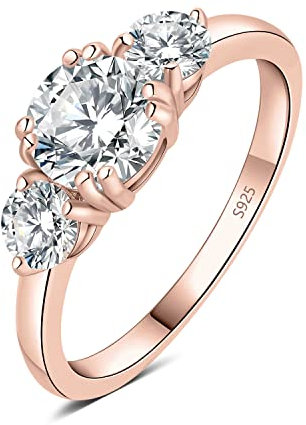 JewelryPalace Drei Stein Rundschliff 1.4ct Moissanite Ring Damen, Verlobungsringe Silber 925 für Frauen, Hochzeitsring Damenring Simulierter Diamant Promise Ring, Mädchen Schmuck mit Stein Rosegold 49