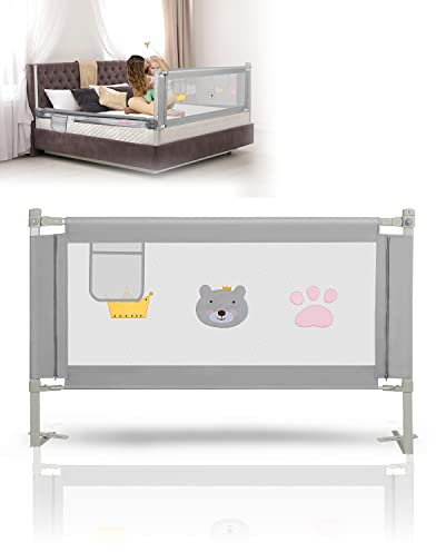 Herrselsam 150 cm Kinder bettgitter, Bettschutzgitter Höhenverstellbar, Rausfallschutz Bett für Kinder, Kinderbettgitter mit luftiges Netz, für Familienbett und Kinderbett, Grau