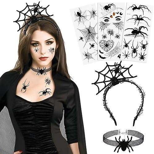 Spinne Haarreif für Halloween Kostüme, Haarband Mit Glitzereffekt, Temporäre Tattoos, Kinder Fasching Kostüm Karneval Party Accessoire