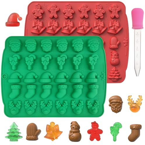 EDUEE Weihnachts-Schokoladenformen, Silikon, Gummibärchen, Weihnachtssocken, Glocke, Lebkuchen, Schneemann, Handschuhstock, Süßigkeitenformen, 10 Formen, Design, Schokoladenform zum Backen, Gebäck,