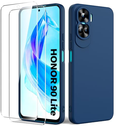 Byvuwiay Funda Compatible con Honor 90 Lite 5G, con 2 Piezas Cristal Templado, Carcasa de Líquida TPU Anti-Choque, Carcasa Honor 90 Lite 5G, Blau