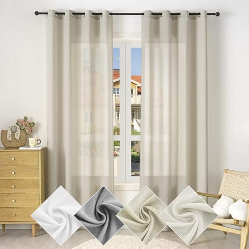 WOLTU Gardine mit Ösen, Vorhang für Wohnzimmer Schlafzimmer, Leinenoptik, Halbtransparent, modern, 135 x 175 cm, Weiß