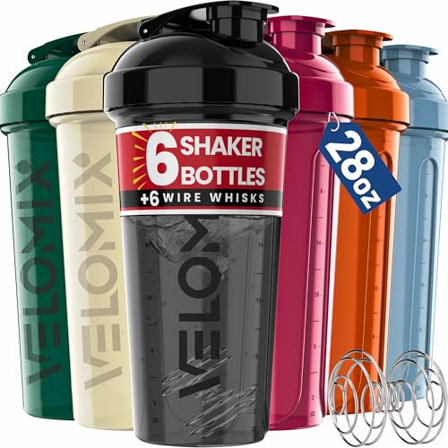 VELOMIX -6 PACK- 28 oz Protein Shaker Bottle for Protein Mixes - 6x Wire Whisk | Leak Proof Shaker Cups for Protein Shakes | Protein Shaker Bottle Pack | Protein Shake Cup (Earth Tones Collection)
