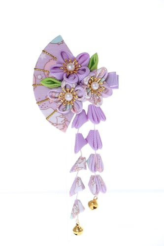 C-120-3 Pince à cheveux en forme d'éventail faite à la main Sakura Fleur de cerisier en tissu Pompon Barrette à cheveux Japon Geisha Kimono Accessoire